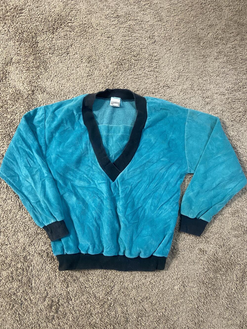 Vintage Hampton Sport Sweater Mens Medium Teal V Neck Velour Pullover 80s